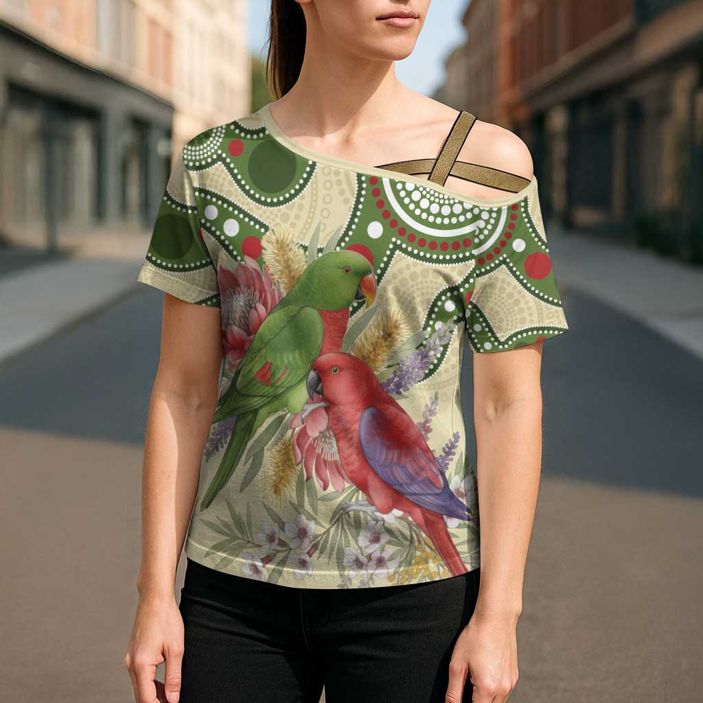 Australia Moluccan Eclectus Cross Shoulder Shirt Australian Native Flowers Indigenous Art - Aussie Hoodie