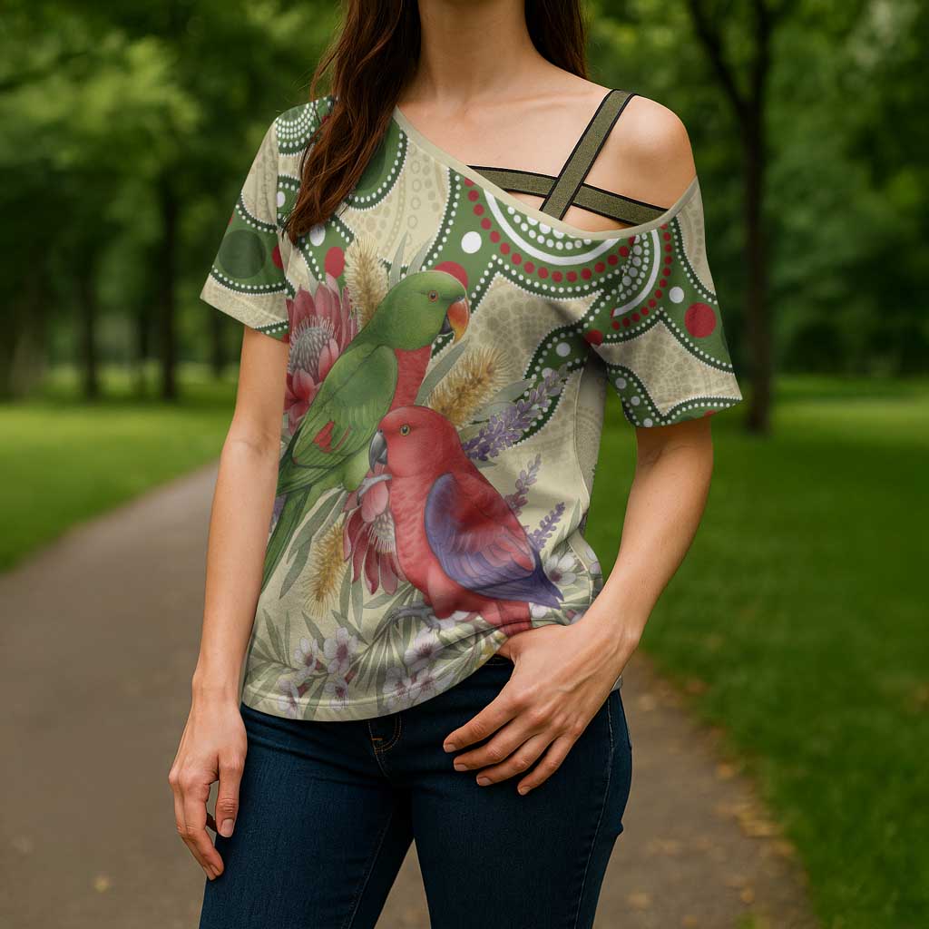 Australia Moluccan Eclectus Cross Shoulder Shirt Australian Native Flowers Indigenous Art - Aussie Hoodie