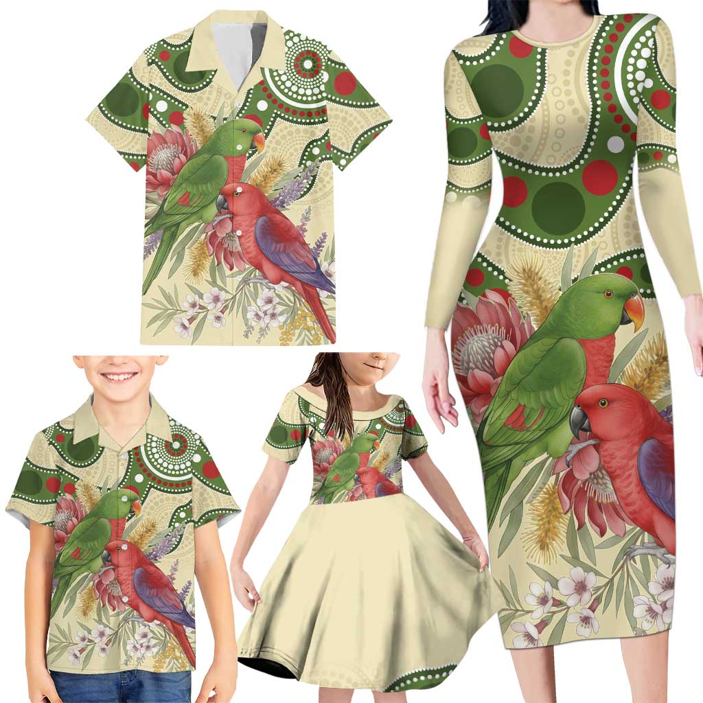 Australia Moluccan Eclectus Family Matching Long Sleeve Bodycon Dress and Hawaiian Shirt Australian Native Flowers Indigenous Art - Aussie Hoodie