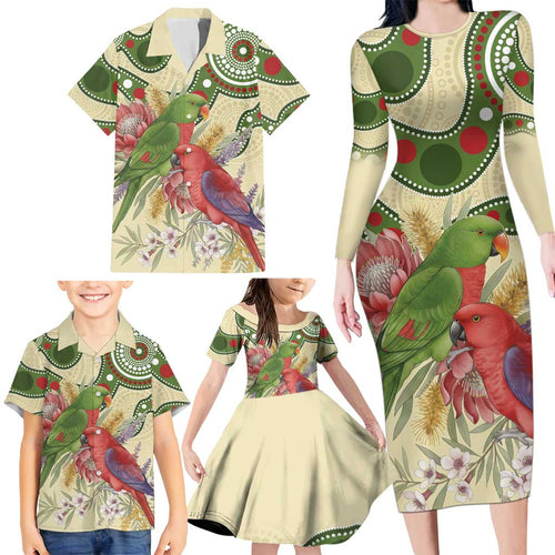 Australia Moluccan Eclectus Family Matching Long Sleeve Bodycon Dress and Hawaiian Shirt Australian Native Flowers Indigenous Art - Aussie Hoodie