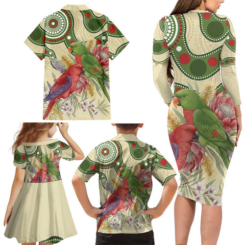 Australia Moluccan Eclectus Family Matching Long Sleeve Bodycon Dress and Hawaiian Shirt Australian Native Flowers Indigenous Art - Aussie Hoodie
