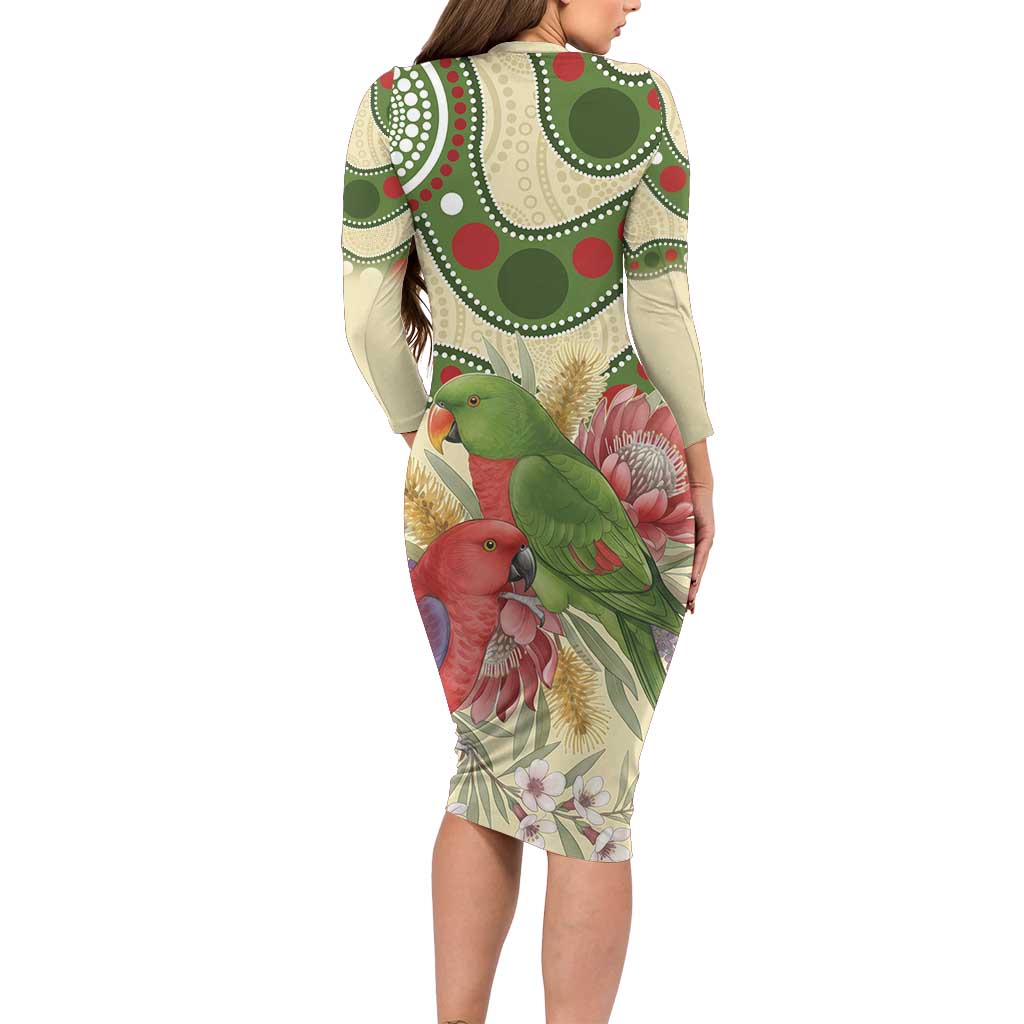 Australia Moluccan Eclectus Family Matching Long Sleeve Bodycon Dress and Hawaiian Shirt Australian Native Flowers Indigenous Art - Aussie Hoodie