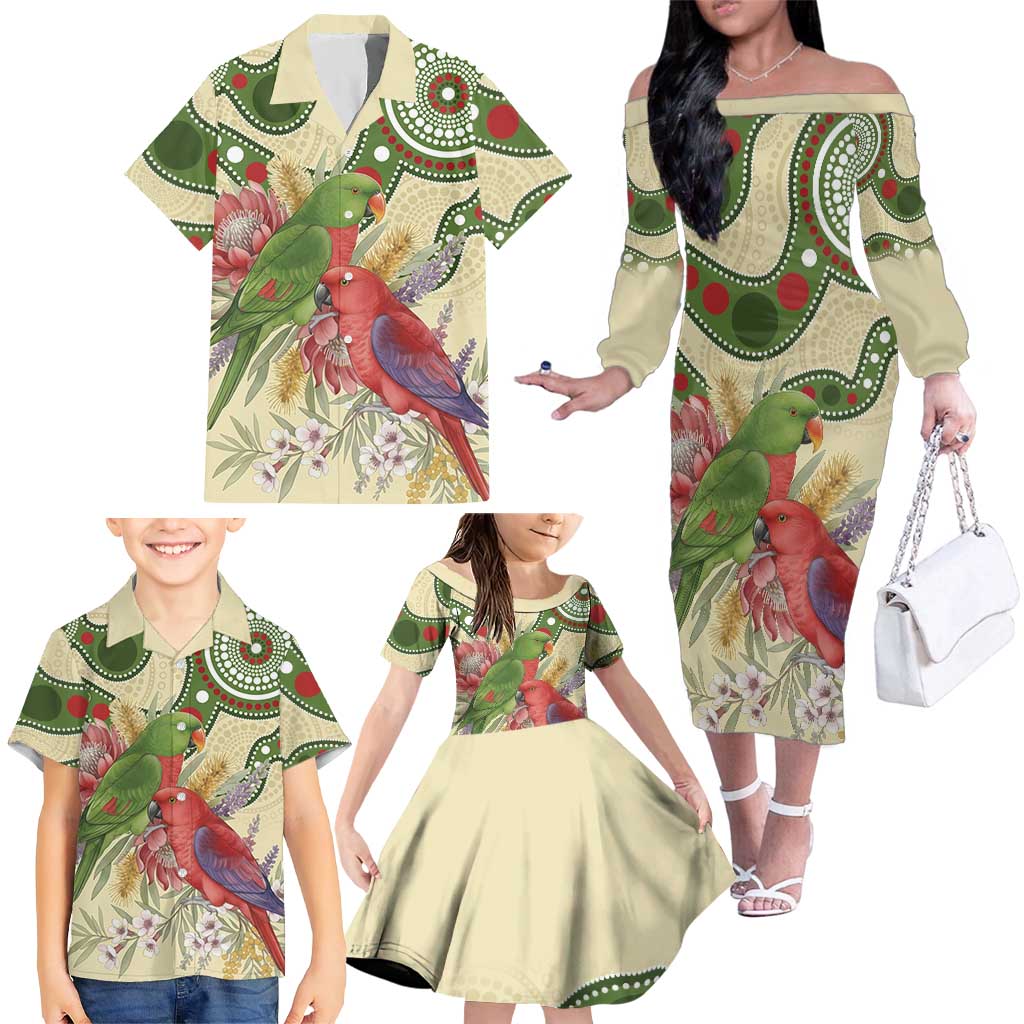 Australia Moluccan Eclectus Family Matching Off The Shoulder Long Sleeve Dress and Hawaiian Shirt Australian Native Flowers Indigenous Art - Aussie Hoodie