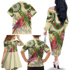 Australia Moluccan Eclectus Family Matching Off The Shoulder Long Sleeve Dress and Hawaiian Shirt Australian Native Flowers Indigenous Art - Aussie Hoodie