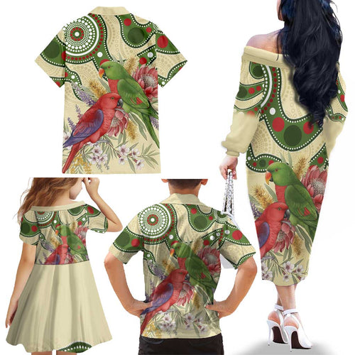 Australia Moluccan Eclectus Family Matching Off The Shoulder Long Sleeve Dress and Hawaiian Shirt Australian Native Flowers Indigenous Art - Aussie Hoodie