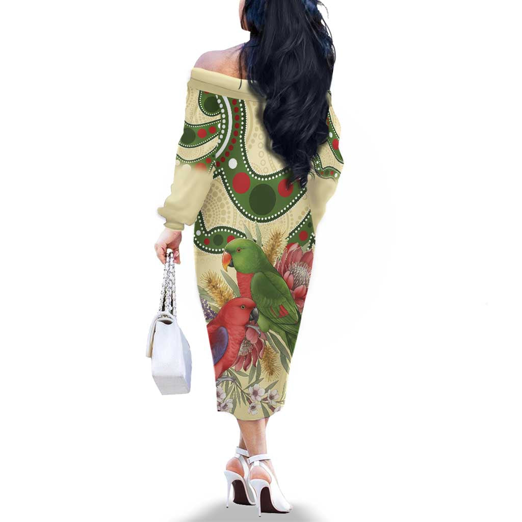 Australia Moluccan Eclectus Family Matching Off The Shoulder Long Sleeve Dress and Hawaiian Shirt Australian Native Flowers Indigenous Art - Aussie Hoodie
