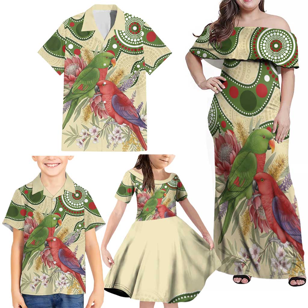 Australia Moluccan Eclectus Family Matching Off Shoulder Maxi Dress and Hawaiian Shirt Australian Native Flowers Indigenous Art - Aussie Hoodie
