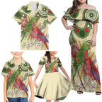 Australia Moluccan Eclectus Family Matching Off Shoulder Maxi Dress and Hawaiian Shirt Australian Native Flowers Indigenous Art - Aussie Hoodie