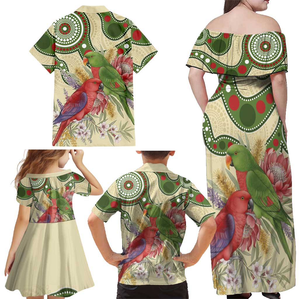 Australia Moluccan Eclectus Family Matching Off Shoulder Maxi Dress and Hawaiian Shirt Australian Native Flowers Indigenous Art - Aussie Hoodie