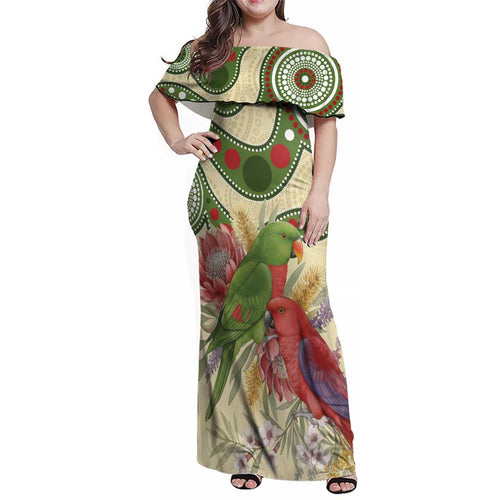 Australia Moluccan Eclectus Family Matching Off Shoulder Maxi Dress and Hawaiian Shirt Australian Native Flowers Indigenous Art - Aussie Hoodie