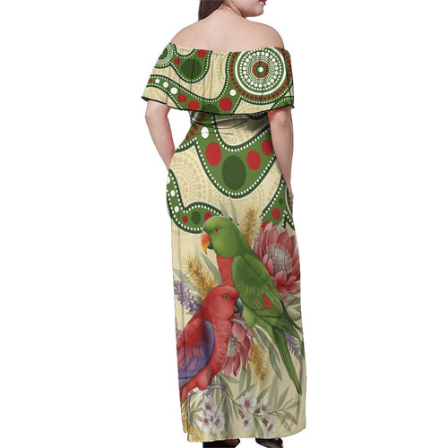 Australia Moluccan Eclectus Family Matching Off Shoulder Maxi Dress and Hawaiian Shirt Australian Native Flowers Indigenous Art - Aussie Hoodie