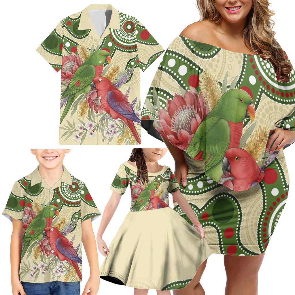 Australia Moluccan Eclectus Family Matching Off Shoulder Short Dress and Hawaiian Shirt Australian Native Flowers Indigenous Art - Aussie Hoodie