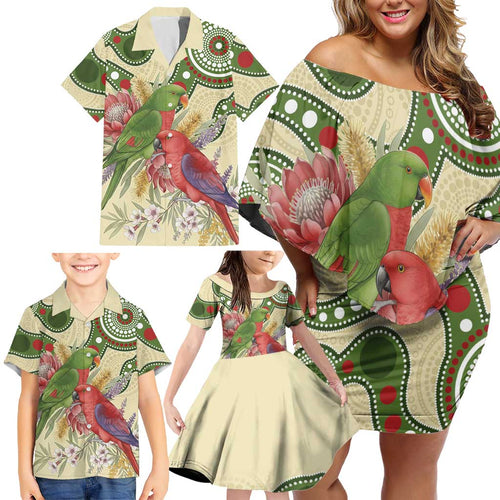 Australia Moluccan Eclectus Family Matching Off Shoulder Short Dress and Hawaiian Shirt Australian Native Flowers Indigenous Art - Aussie Hoodie