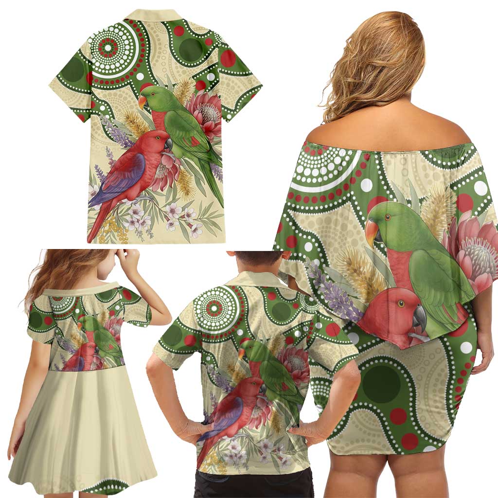 Australia Moluccan Eclectus Family Matching Off Shoulder Short Dress and Hawaiian Shirt Australian Native Flowers Indigenous Art - Aussie Hoodie