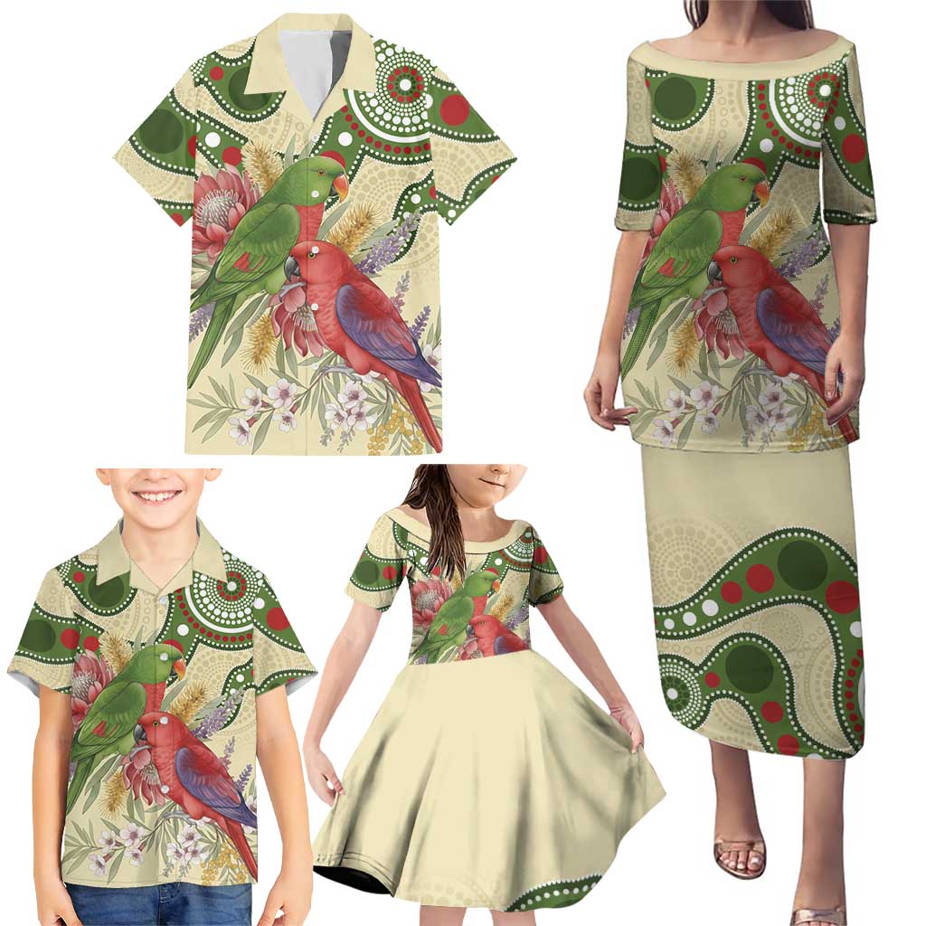 Australia Moluccan Eclectus Family Matching Puletasi and Hawaiian Shirt Australian Native Flowers Indigenous Art - Aussie Hoodie