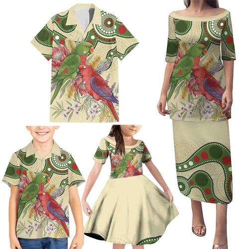 Australia Moluccan Eclectus Family Matching Puletasi and Hawaiian Shirt Australian Native Flowers Indigenous Art - Aussie Hoodie