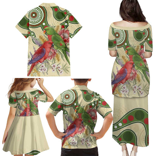Australia Moluccan Eclectus Family Matching Puletasi and Hawaiian Shirt Australian Native Flowers Indigenous Art - Aussie Hoodie