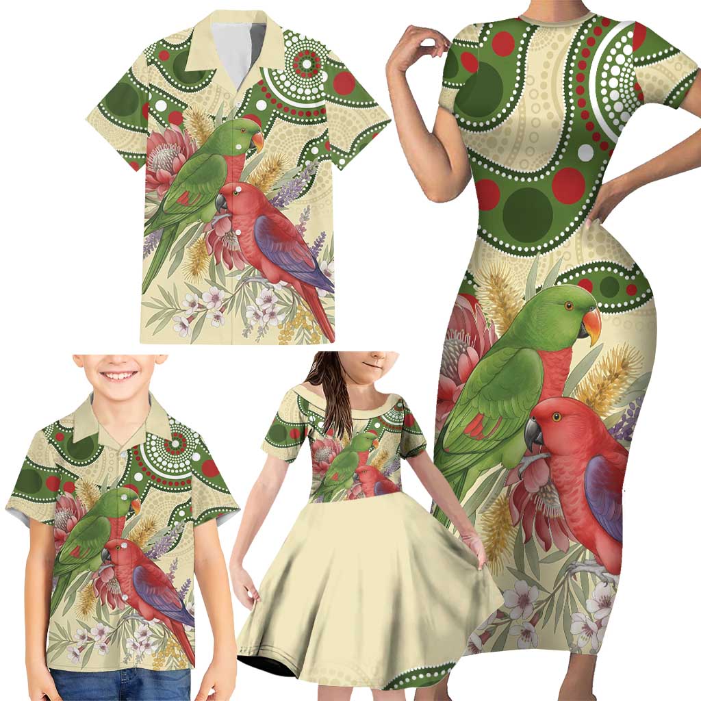 Australia Moluccan Eclectus Family Matching Short Sleeve Bodycon Dress and Hawaiian Shirt Australian Native Flowers Indigenous Art - Aussie Hoodie