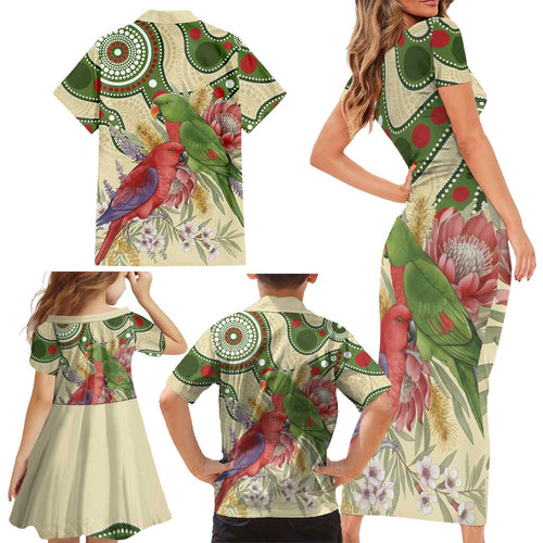 Australia Moluccan Eclectus Family Matching Short Sleeve Bodycon Dress and Hawaiian Shirt Australian Native Flowers Indigenous Art - Aussie Hoodie