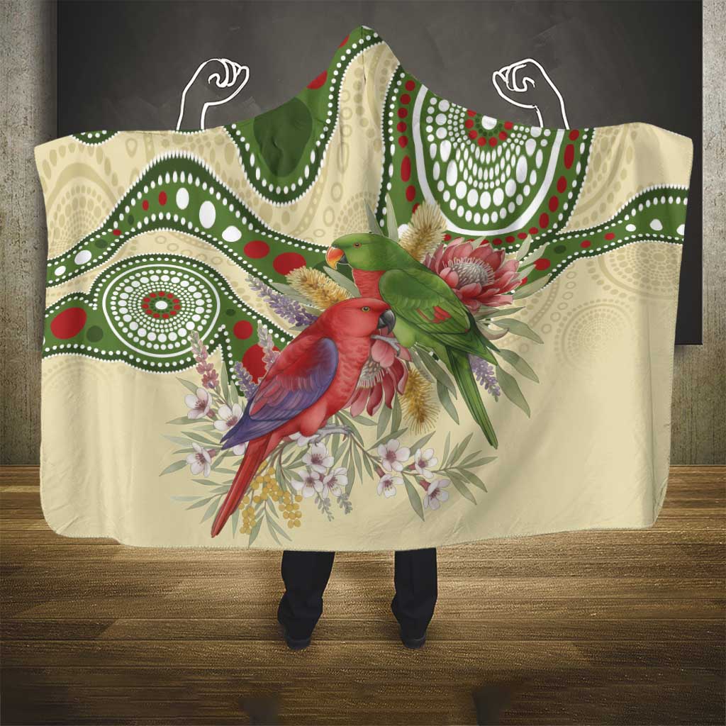 Australia Moluccan Eclectus Hooded Blanket Australian Native Flowers Indigenous Art - Aussie Hoodie