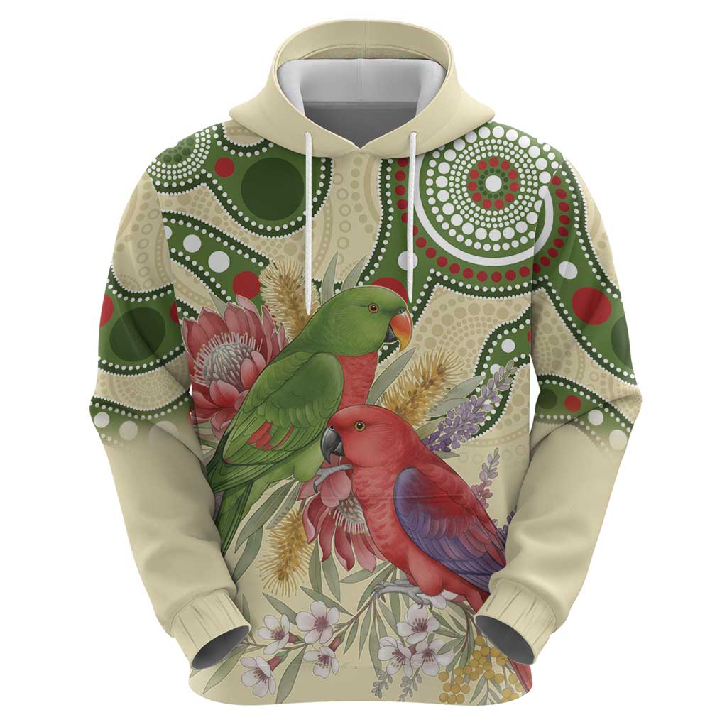 Australia Moluccan Eclectus Hoodie Australian Native Flowers Indigenous Art - Aussie Hoodie