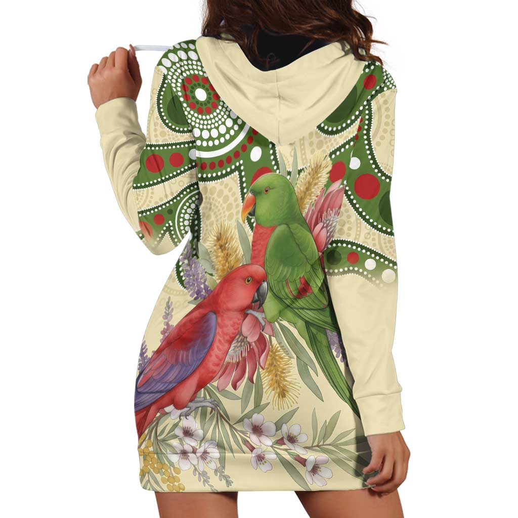 Australia Moluccan Eclectus Hoodie Dress Australian Native Flowers Indigenous Art - Aussie Hoodie