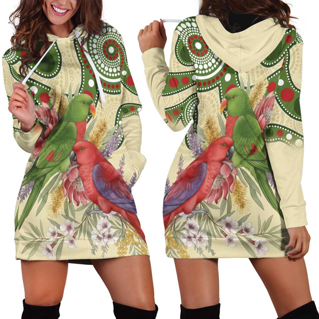 Australia Moluccan Eclectus Hoodie Dress Australian Native Flowers Indigenous Art - Aussie Hoodie