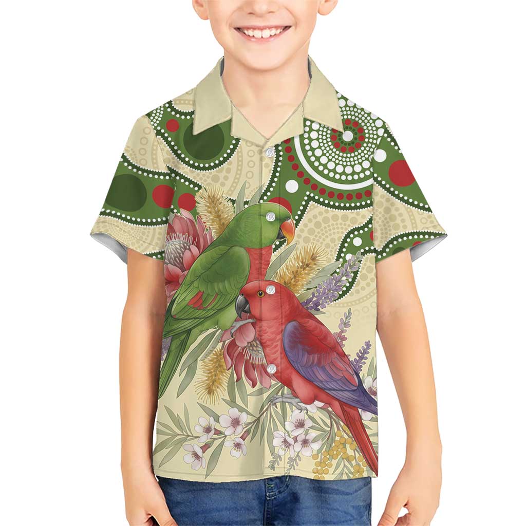 Australia Moluccan Eclectus Kid Hawaiian Shirt Australian Native Flowers Indigenous Art - Aussie Hoodie