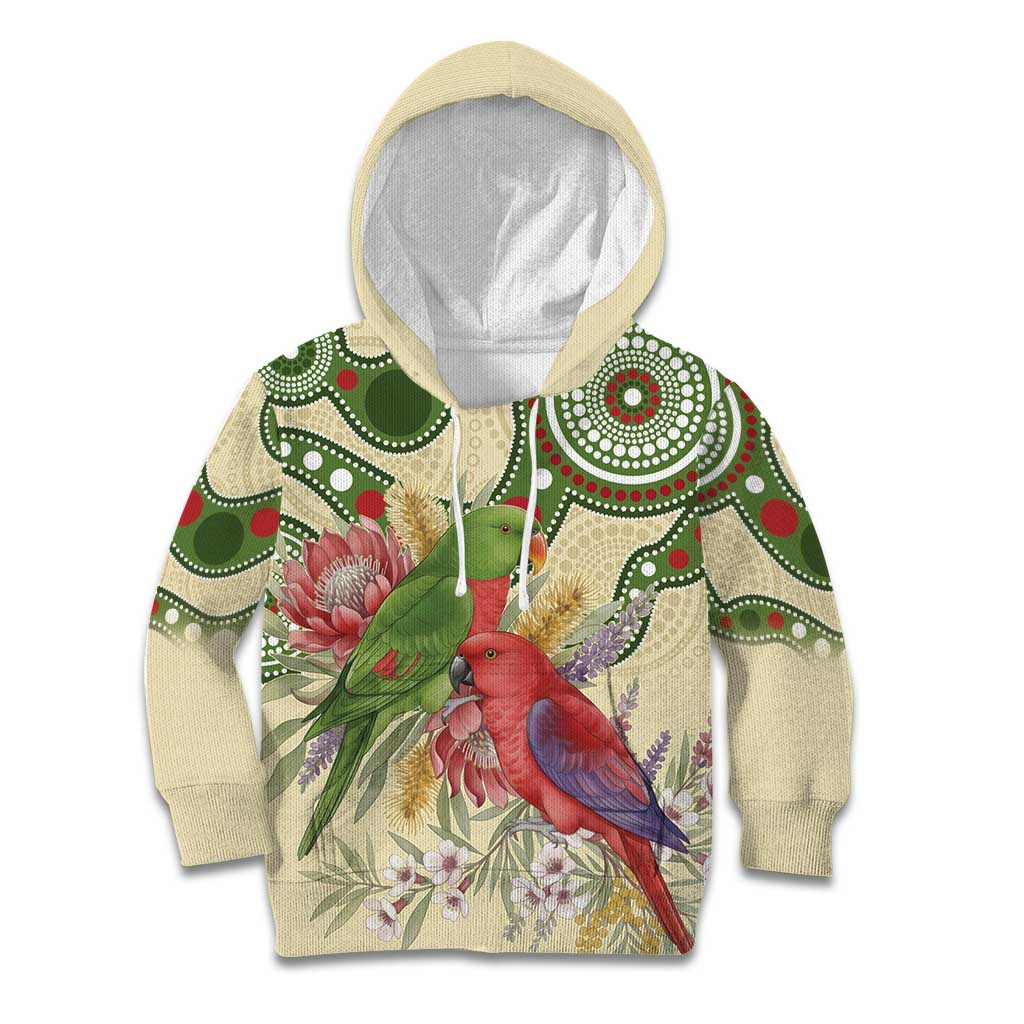Australia Moluccan Eclectus Kid Hoodie Australian Native Flowers Indigenous Art - Aussie Hoodie