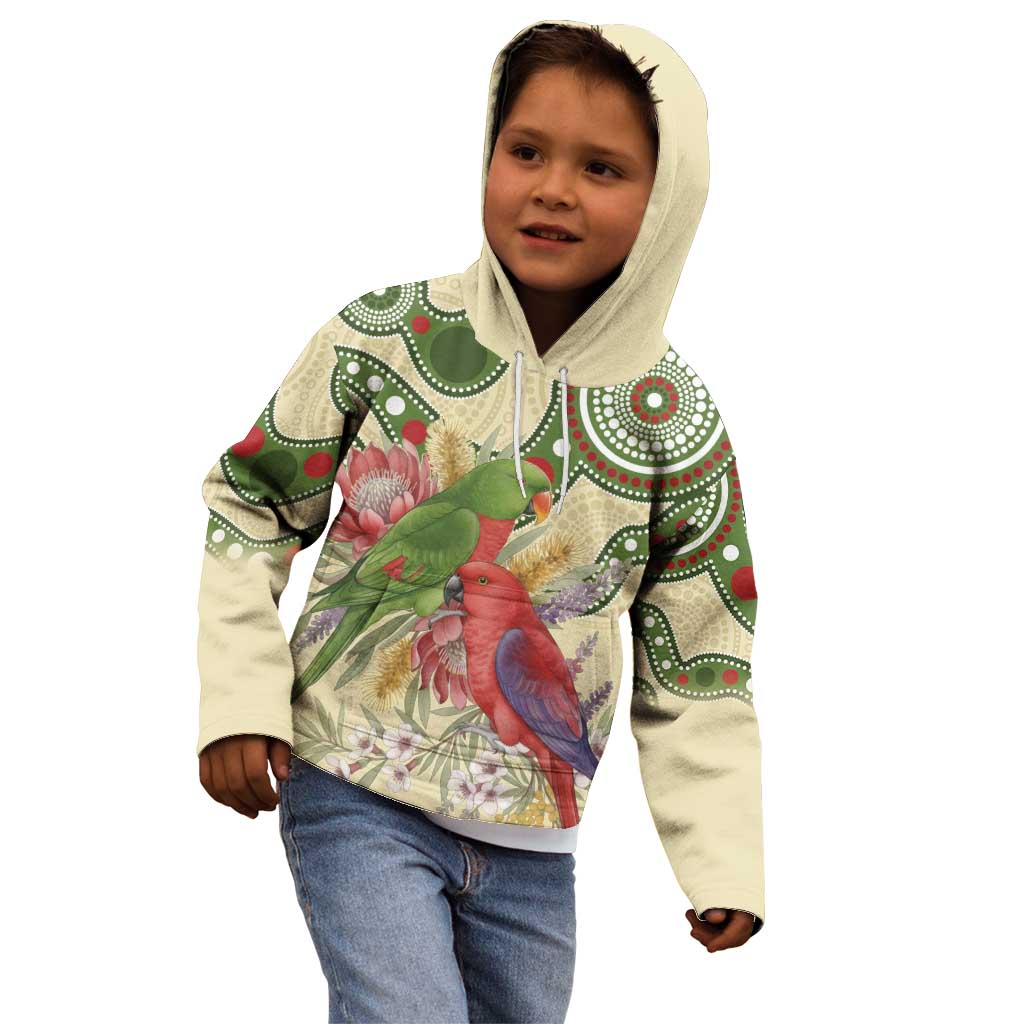 Australia Moluccan Eclectus Kid Hoodie Australian Native Flowers Indigenous Art - Aussie Hoodie