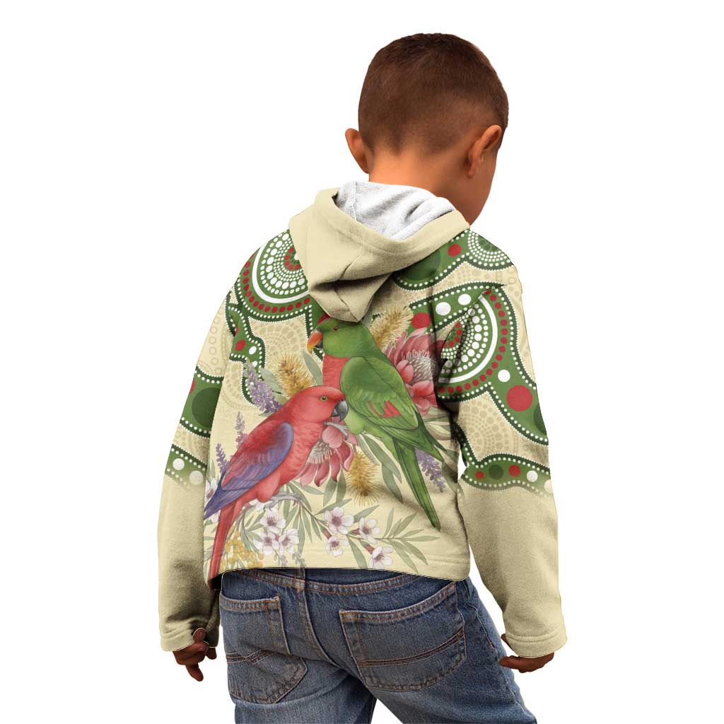Australia Moluccan Eclectus Kid Hoodie Australian Native Flowers Indigenous Art - Aussie Hoodie