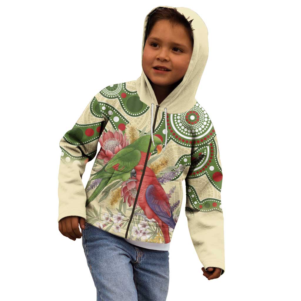 Australia Moluccan Eclectus Kid Hoodie Australian Native Flowers Indigenous Art - Aussie Hoodie
