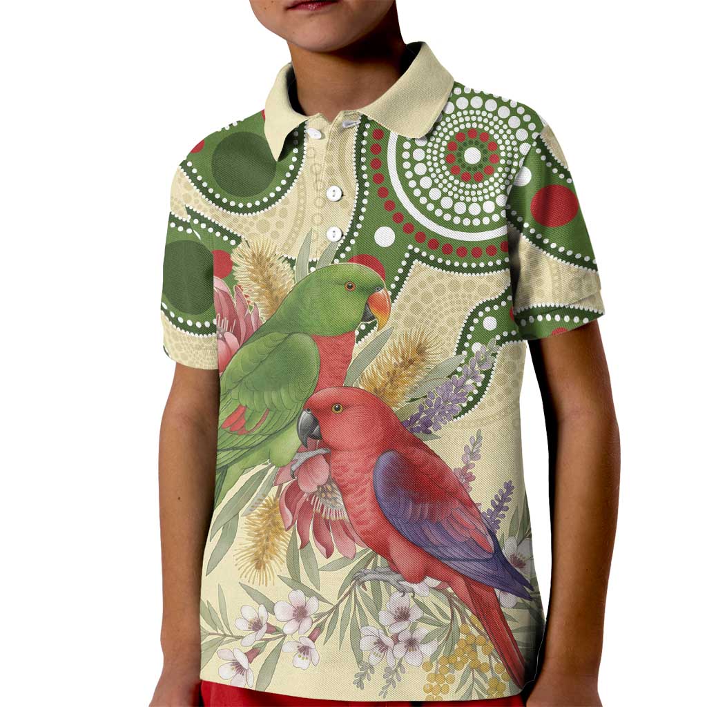Australia Moluccan Eclectus Kid Polo Shirt Australian Native Flowers Indigenous Art - Aussie Hoodie