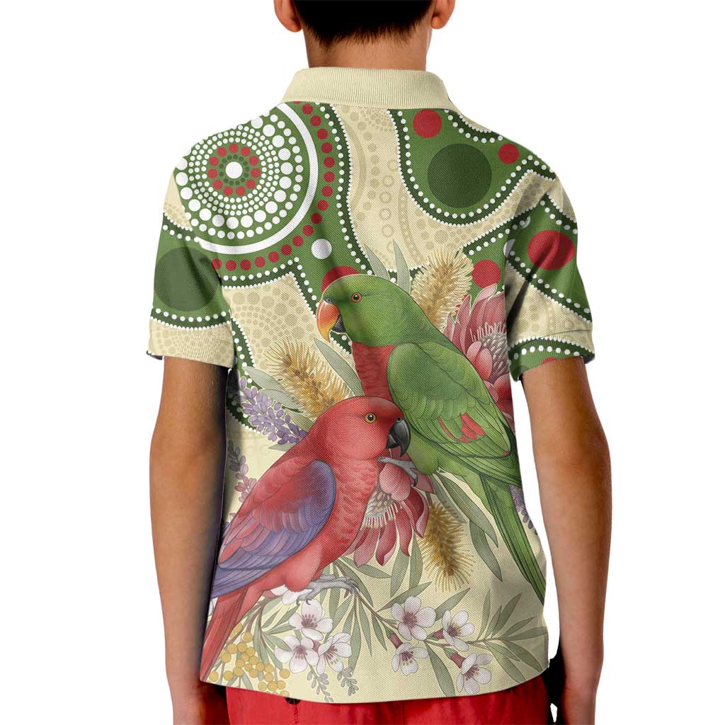 Australia Moluccan Eclectus Kid Polo Shirt Australian Native Flowers Indigenous Art - Aussie Hoodie