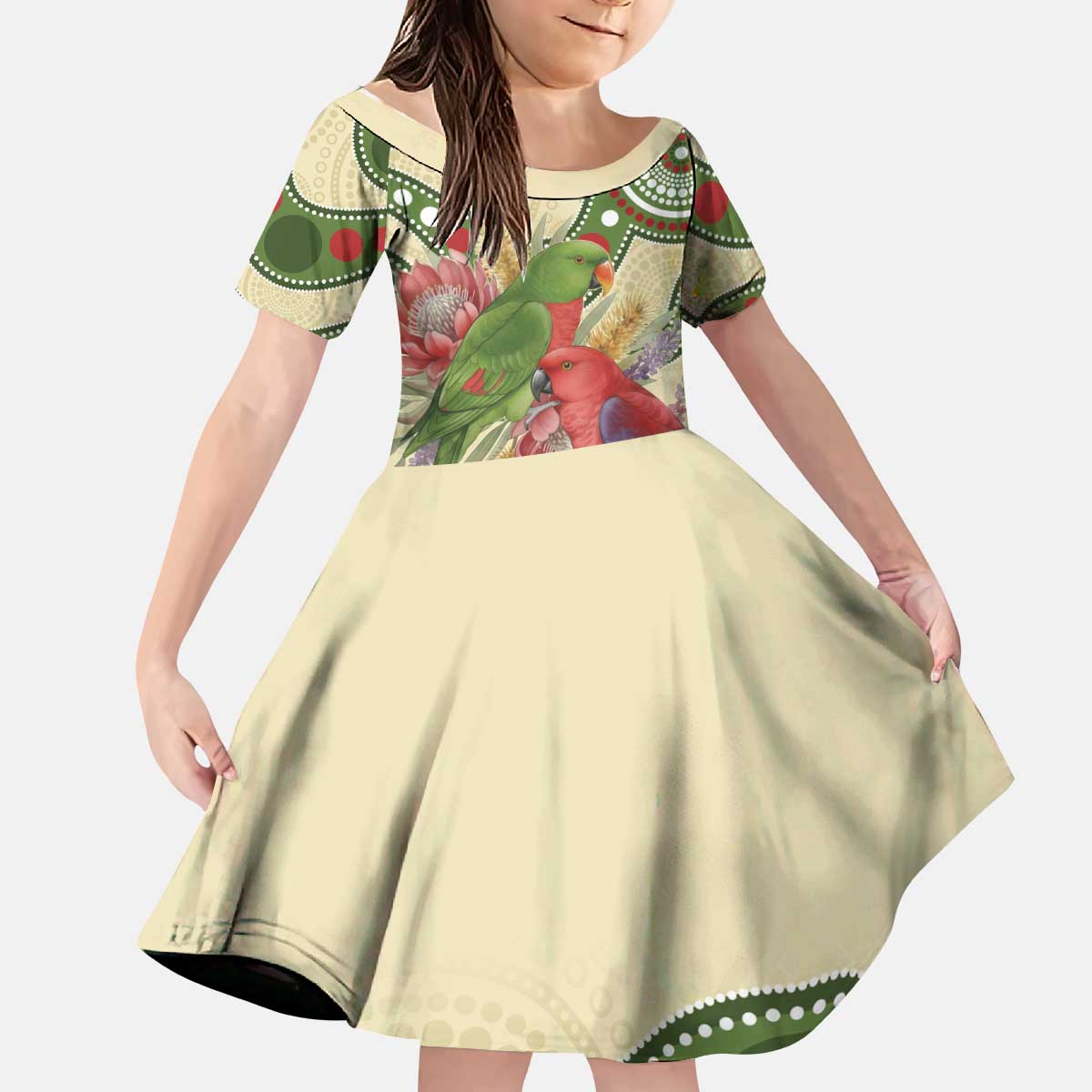 Australia Moluccan Eclectus Kid Short Sleeve Dress Australian Native Flowers Indigenous Art - Aussie Hoodie