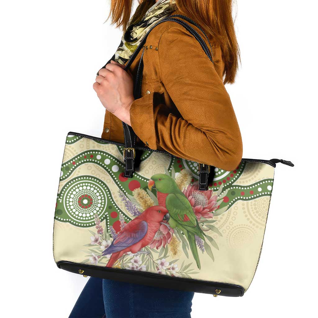 Australia Moluccan Eclectus Leather Tote Bag Australian Native Flowers Indigenous Art - Aussie Hoodie