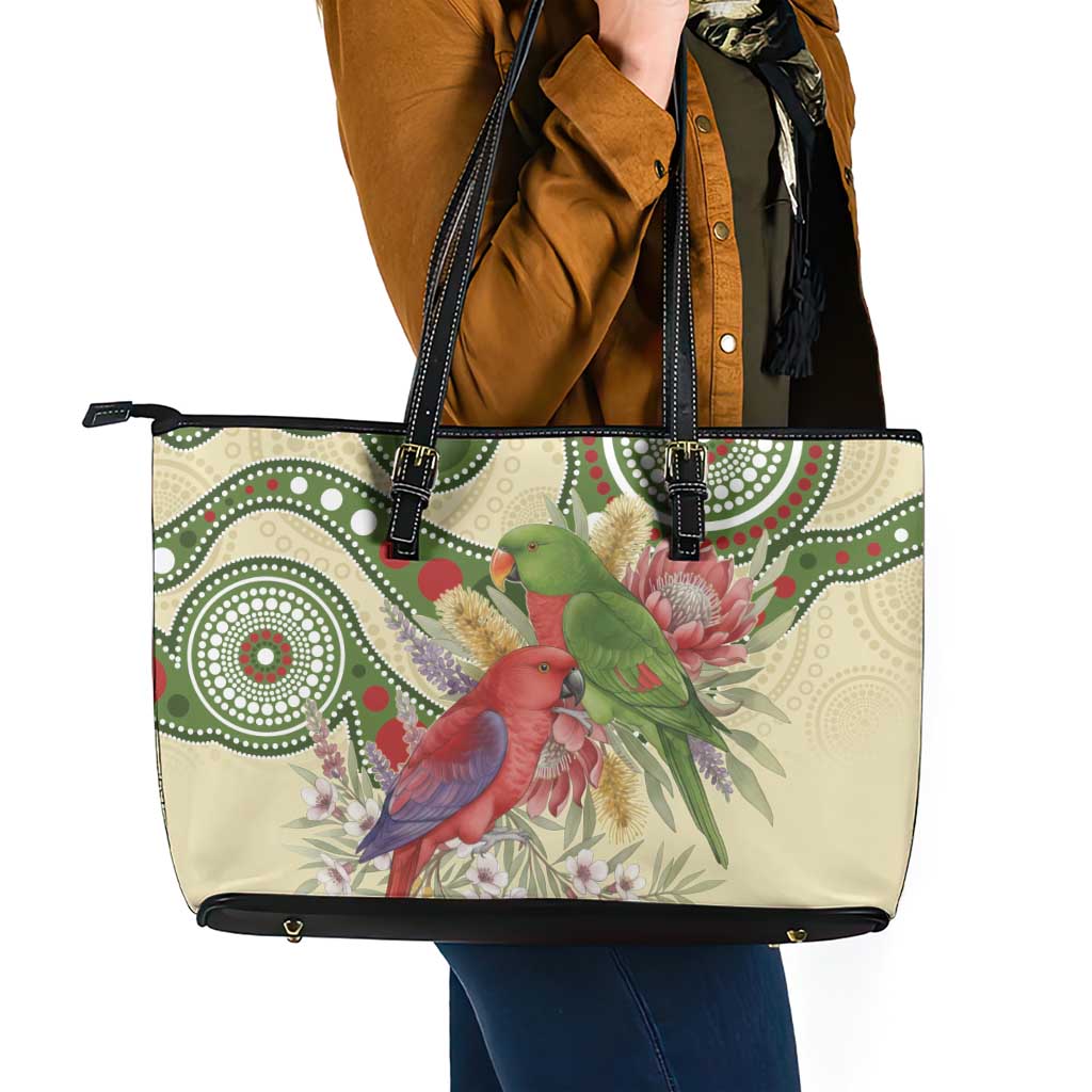 Australia Moluccan Eclectus Leather Tote Bag Australian Native Flowers Indigenous Art - Aussie Hoodie