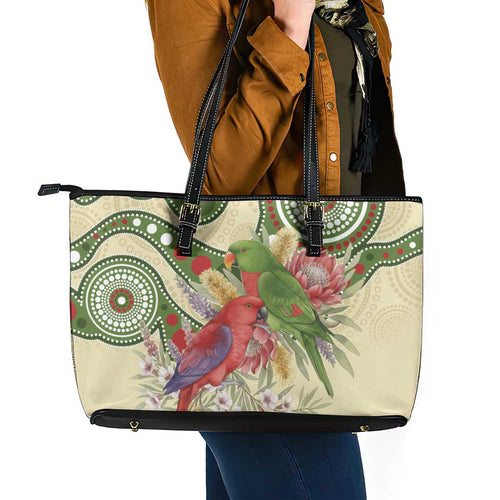 Australia Moluccan Eclectus Leather Tote Bag Australian Native Flowers Indigenous Art - Aussie Hoodie