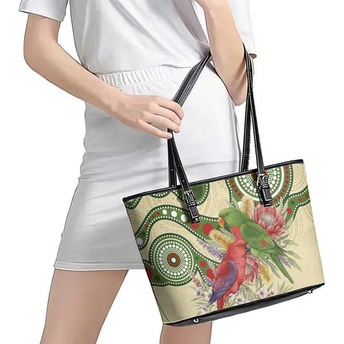 Australia Moluccan Eclectus Leather Tote Bag Australian Native Flowers Indigenous Art - Aussie Hoodie