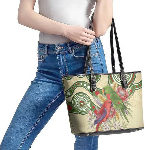 Australia Moluccan Eclectus Leather Tote Bag Australian Native Flowers Indigenous Art - Aussie Hoodie