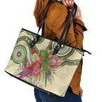 Australia Moluccan Eclectus Leather Tote Bag Australian Native Flowers Indigenous Art - Aussie Hoodie