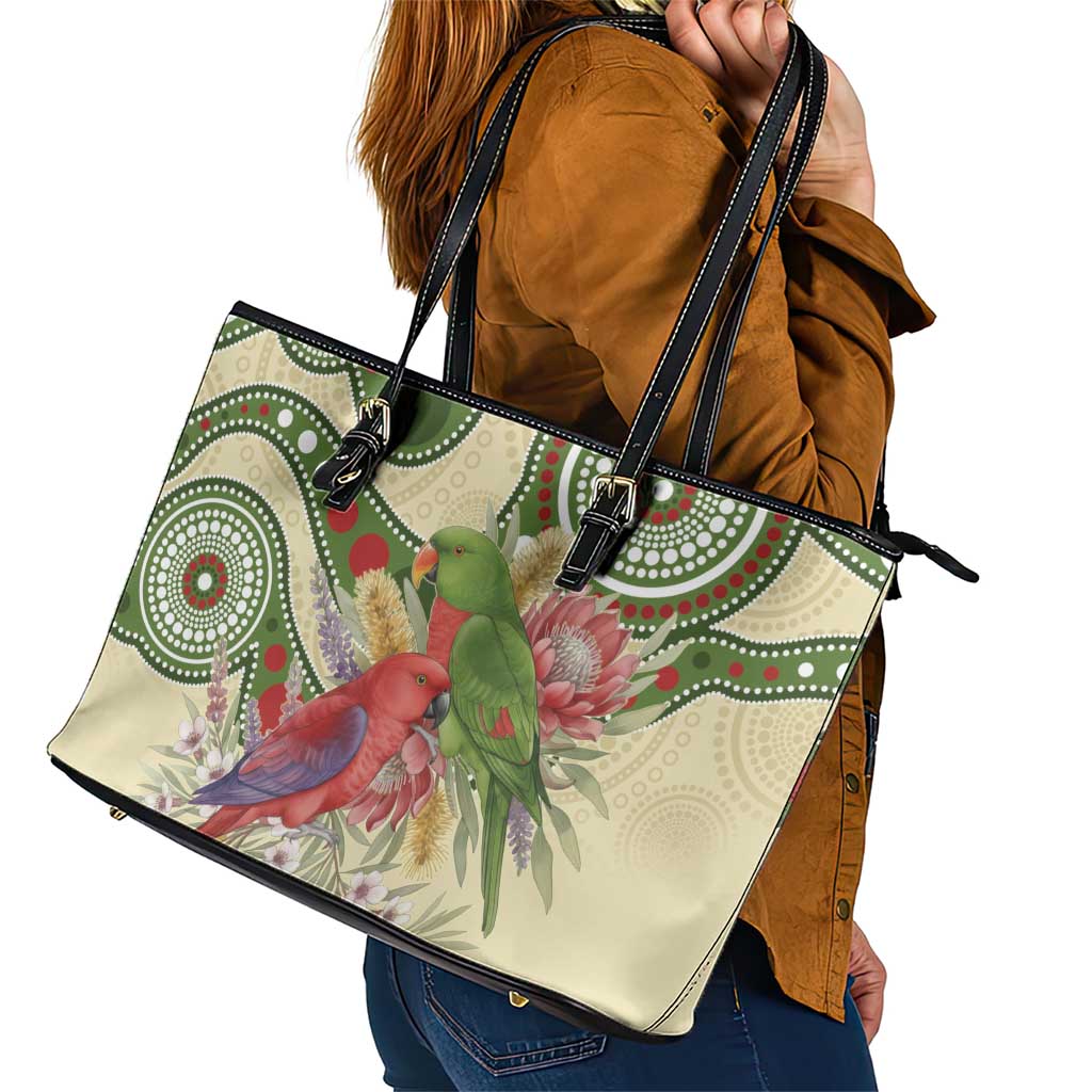 Australia Moluccan Eclectus Leather Tote Bag Australian Native Flowers Indigenous Art - Aussie Hoodie