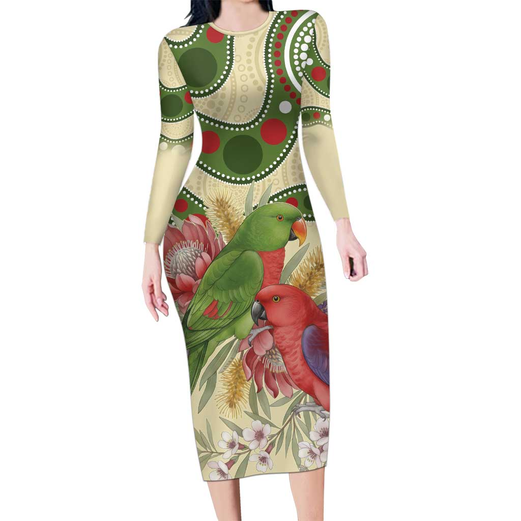 Australia Moluccan Eclectus Long Sleeve Bodycon Dress Australian Native Flowers Indigenous Art - Aussie Hoodie