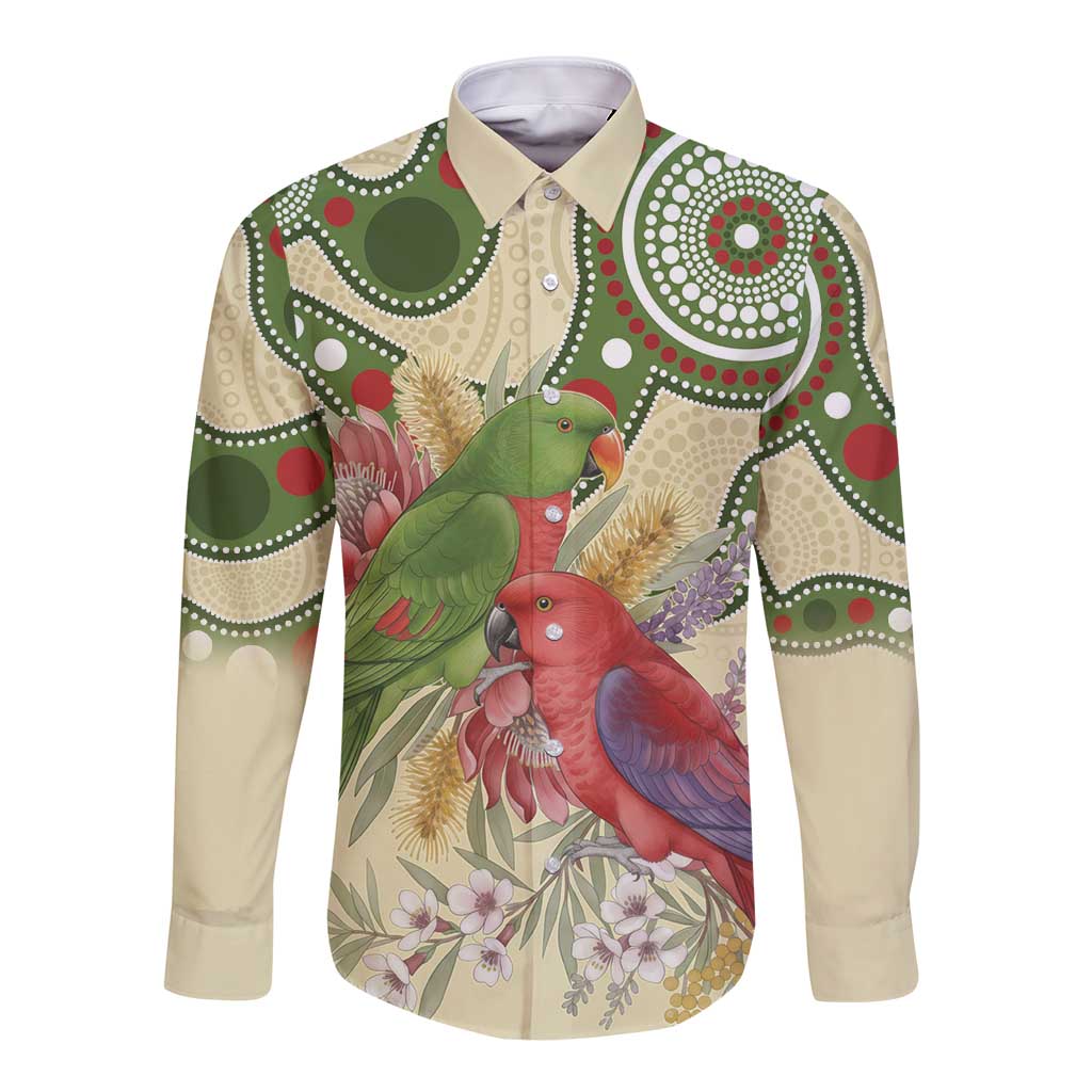 Australia Moluccan Eclectus Long Sleeve Button Shirt Australian Native Flowers Indigenous Art - Aussie Hoodie