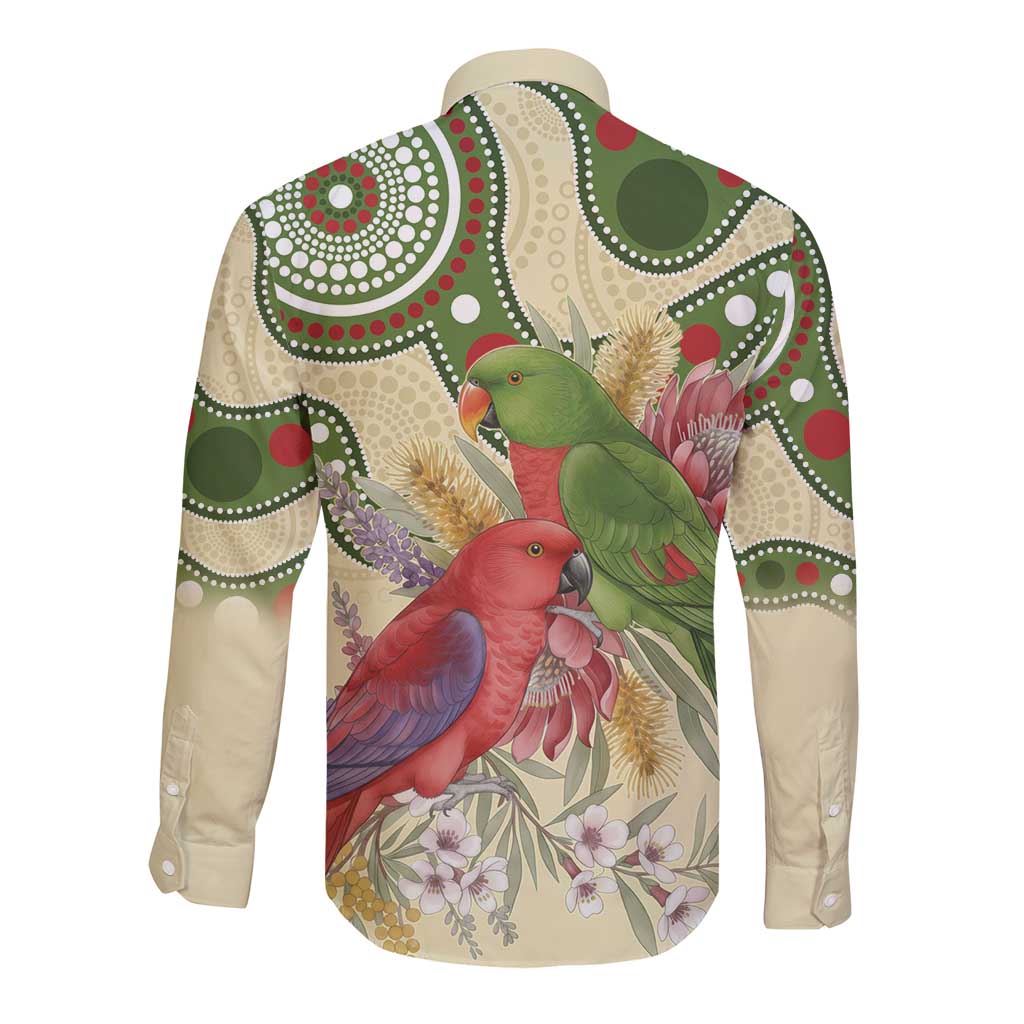 Australia Moluccan Eclectus Long Sleeve Button Shirt Australian Native Flowers Indigenous Art - Aussie Hoodie