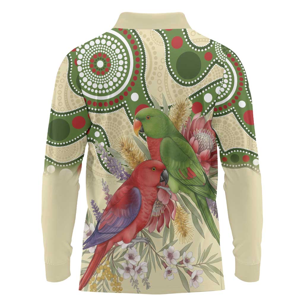 Australia Moluccan Eclectus Long Sleeve Polo Shirt Australian Native Flowers Indigenous Art - Aussie Hoodie