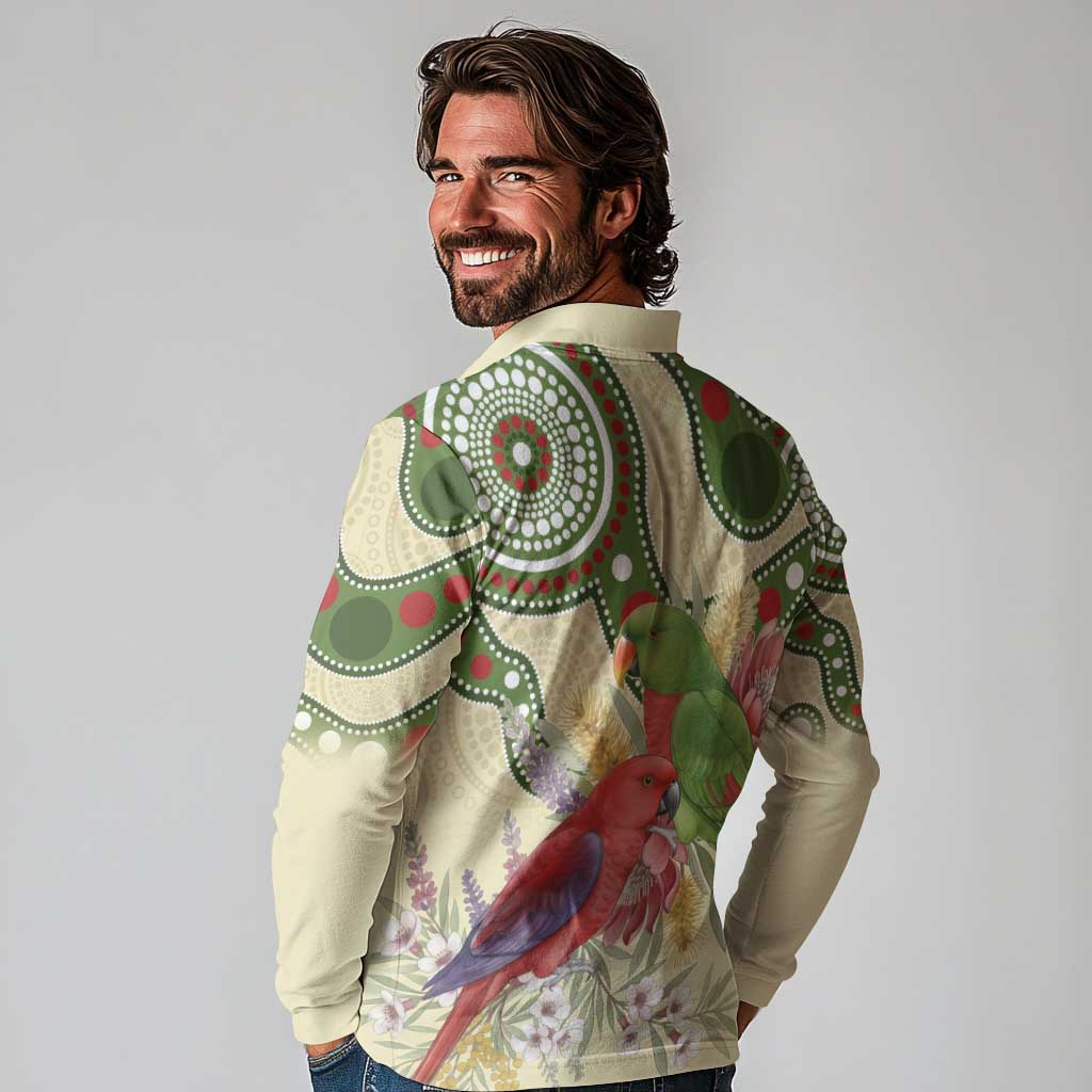 Australia Moluccan Eclectus Long Sleeve Polo Shirt Australian Native Flowers Indigenous Art - Aussie Hoodie