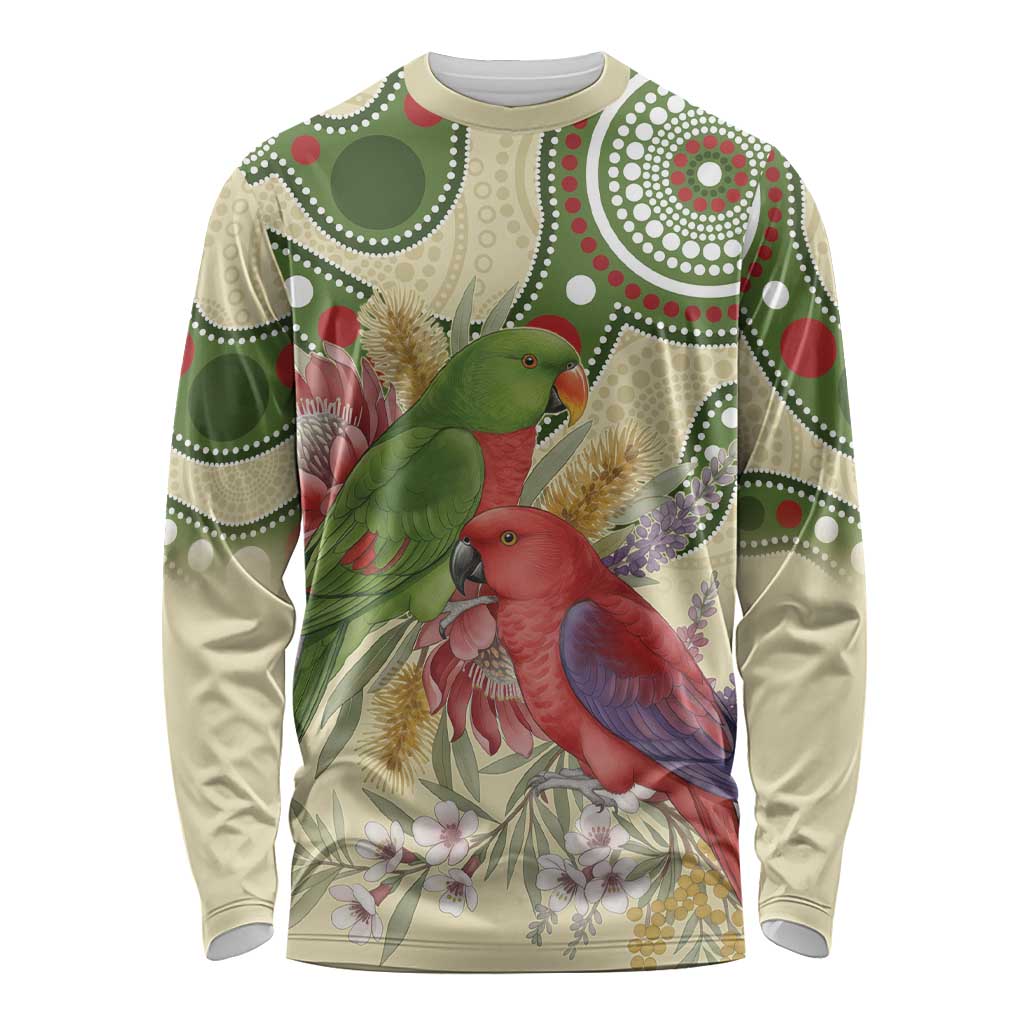 Australia Moluccan Eclectus Long Sleeve Shirt Australian Native Flowers Indigenous Art - Aussie Hoodie