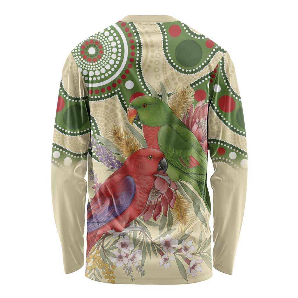 Australia Moluccan Eclectus Long Sleeve Shirt Australian Native Flowers Indigenous Art - Aussie Hoodie