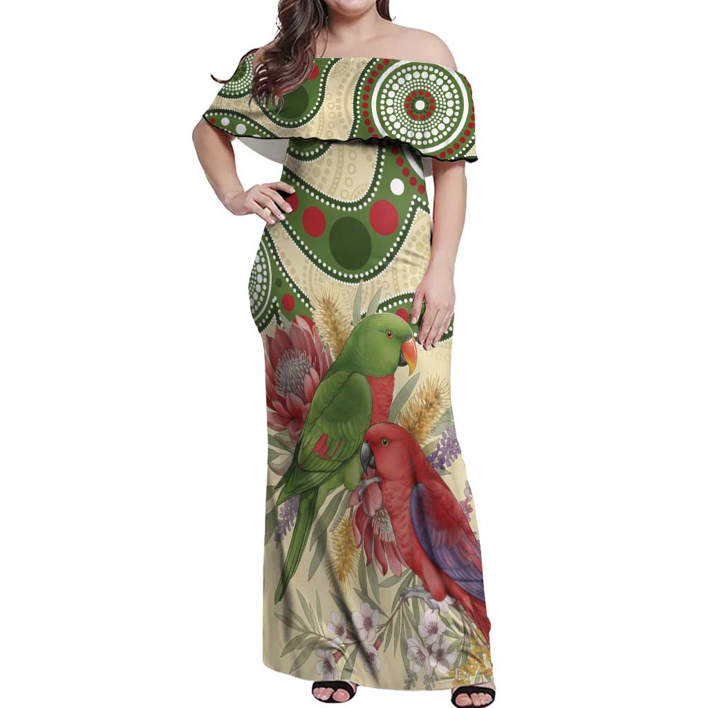 Australia Moluccan Eclectus Off Shoulder Maxi Dress Australian Native Flowers Indigenous Art - Aussie Hoodie